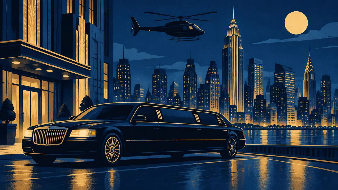 Helicopter Ride NYC — Illustration of a stretch limousine at night with a helicopter flying over the skyline