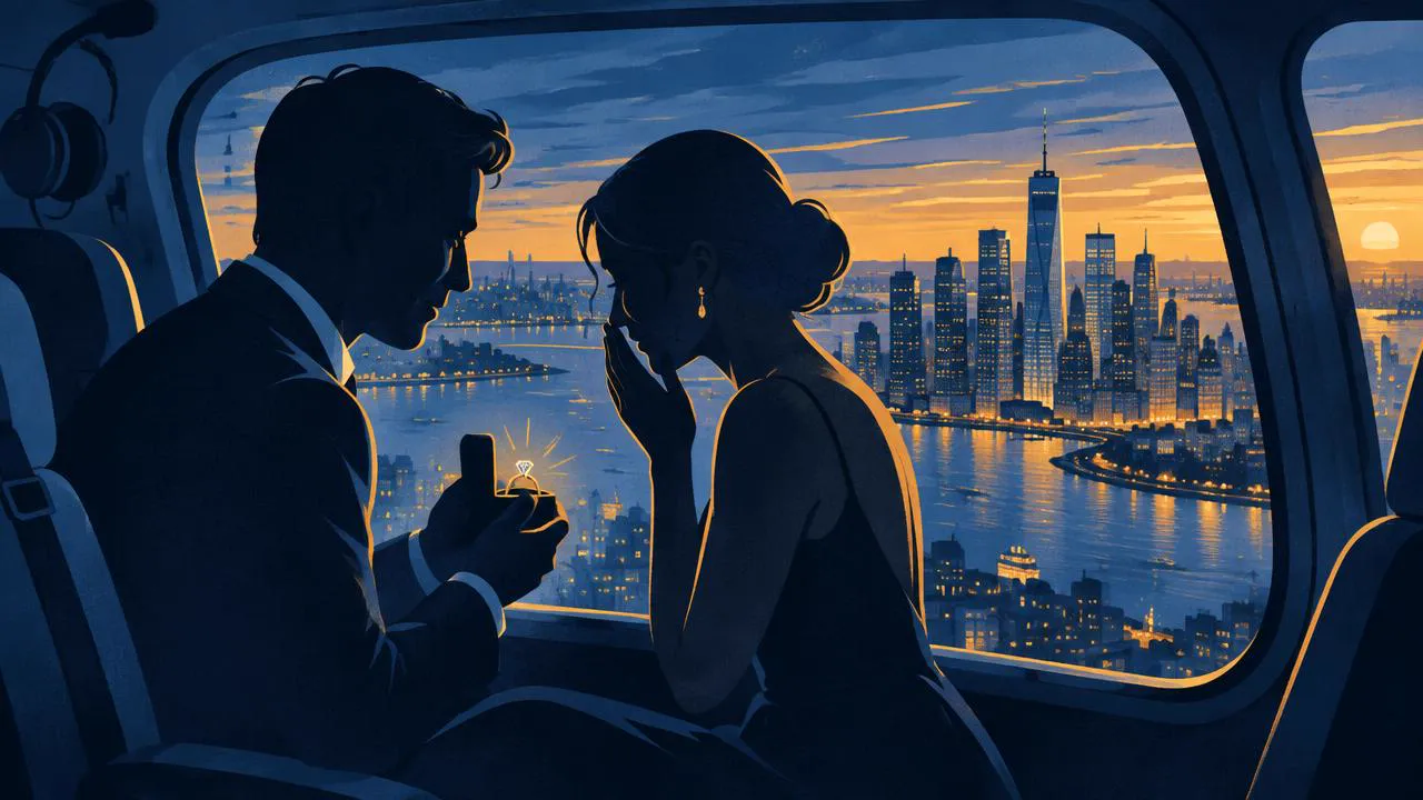 Helicopter Ride NYC — Illustration of a couple in a helicopter cabin with a ring box and the city skyline at dusk