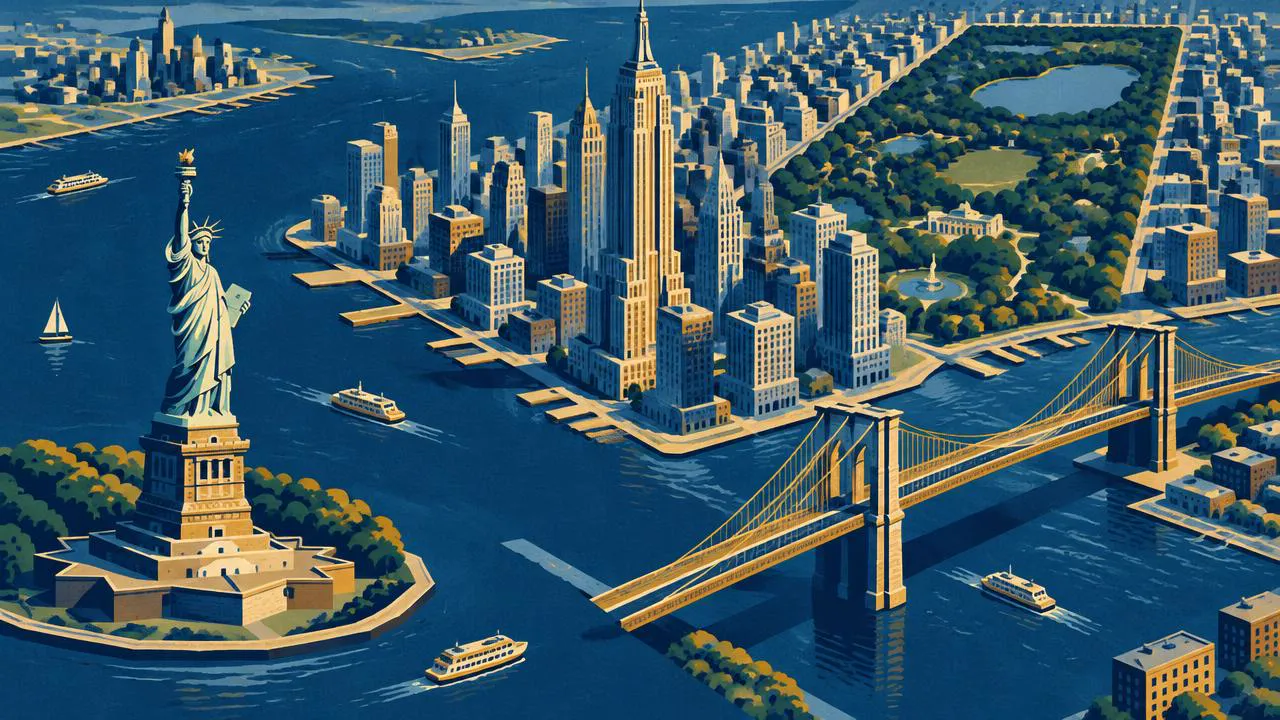Helicopter Ride NYC — Illustrated aerial view of the Statue of Liberty, Empire State Building, Brooklyn Bridge and Central Park