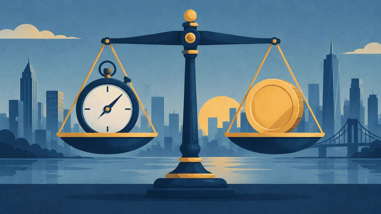 Helicopter Ride NYC — Illustration of a balance scale weighing a stopwatch against a gold coin in front of a skyline