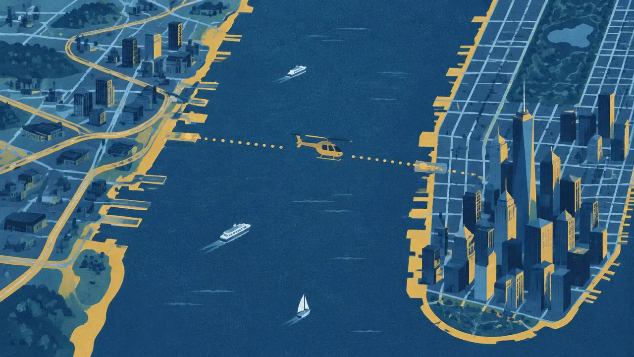 Helicopter Ride NYC — Illustrated map of the Hudson River between New Jersey and Manhattan with a helicopter crossing