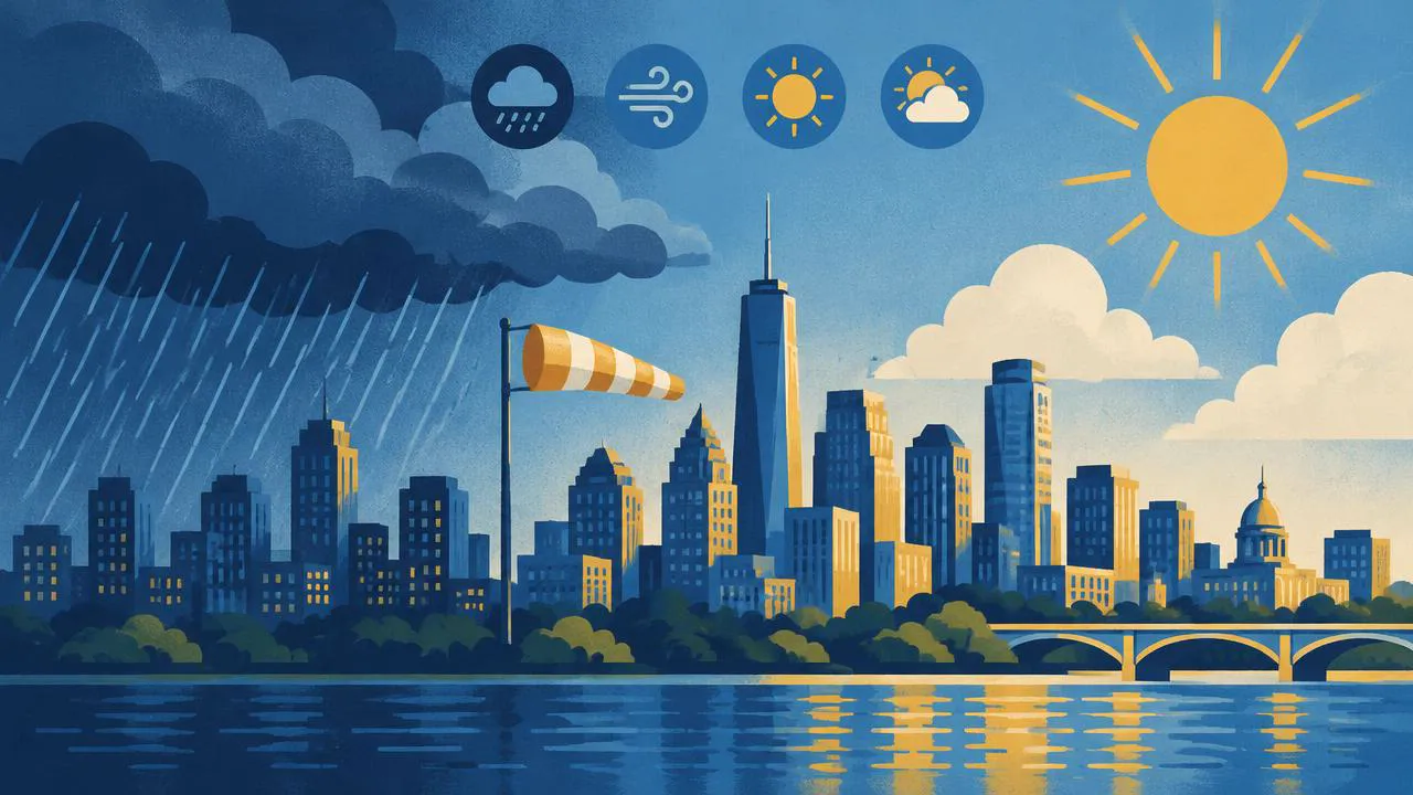Helicopter Ride NYC — Illustration of a city skyline with rain on one side, clear sky on the other and a windsock