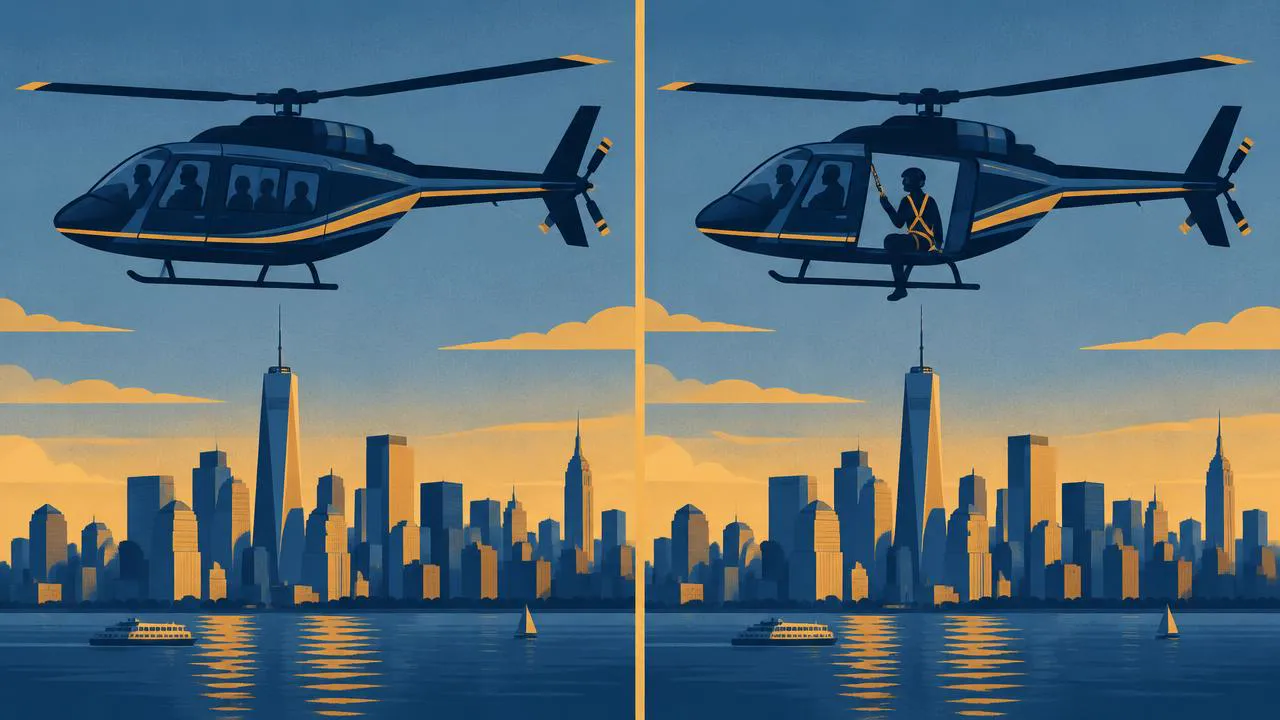 Helicopter Ride NYC — Illustration comparing a closed-cabin helicopter and a doors-off helicopter with a harnessed passenger above the Manhattan skyline