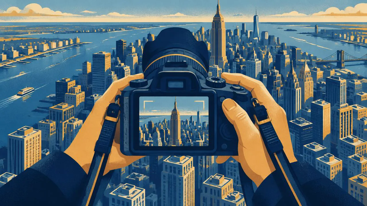 Helicopter Ride NYC — Illustration of hands holding a strapped camera framing the Manhattan skyline from above
