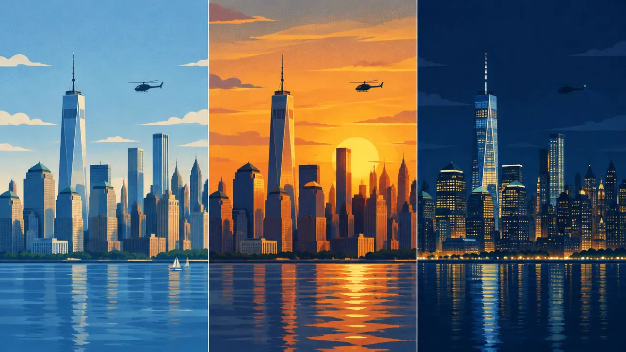 Helicopter Ride NYC — Illustration of the Lower Manhattan skyline in daylight, at sunset and at night
