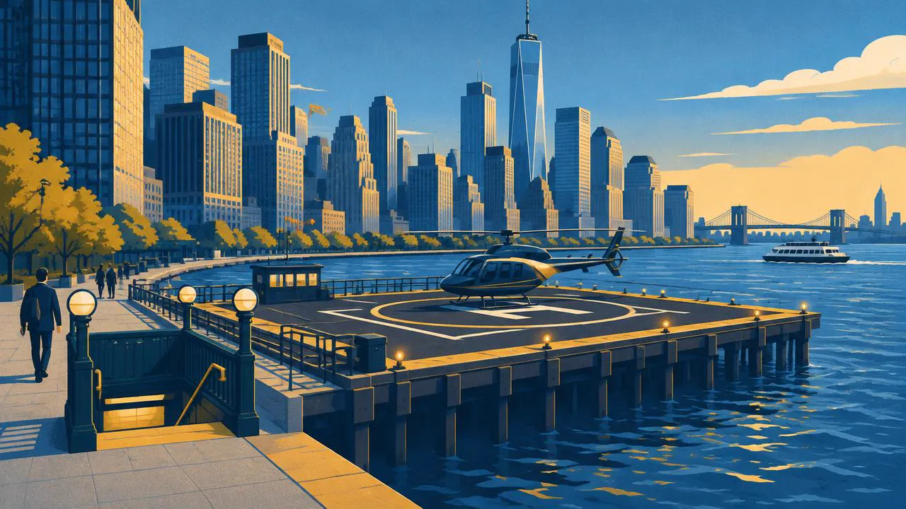 Helicopter Ride NYC — Illustration of a waterfront helipad on an East River pier with a subway entrance nearby
